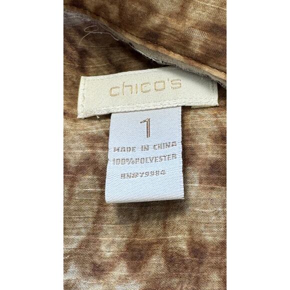 Chico's Women's Snake Skin Print Sheer Brown Blouse Sz 1/ M 8 Attached Neck Tie - Picture 4 of 6